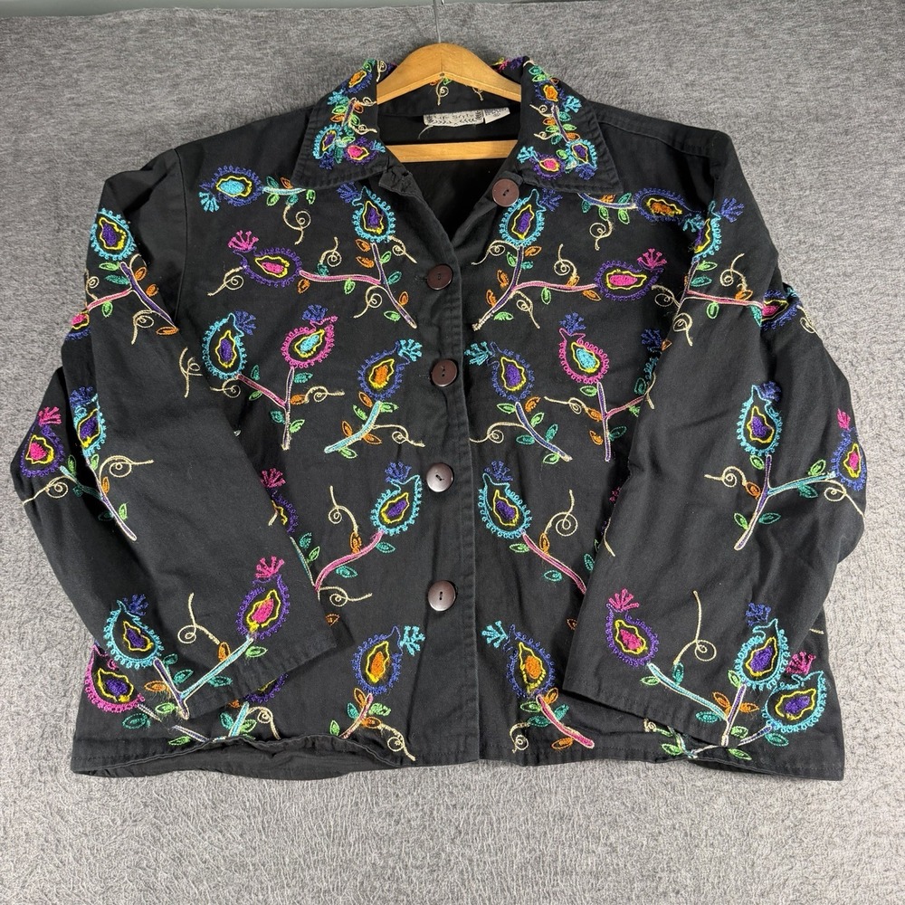 Life Styles Embroidered Floral All Over Black Jacket Size XL Cotton Festival